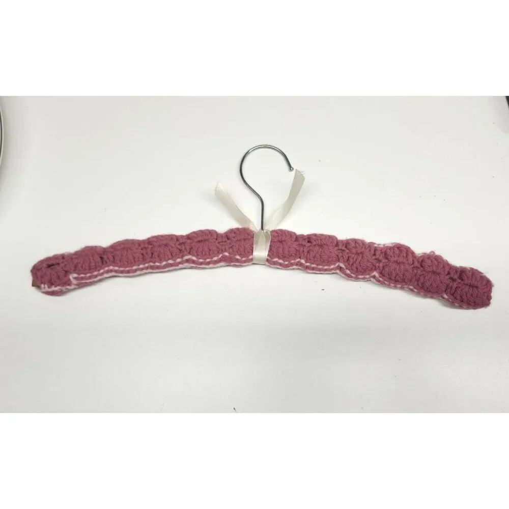 Crochet Covered Wooden Clothes Hanger Pink Vintage
